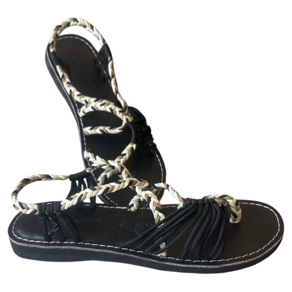 Black and Tan Sandals with Gold Chain Straps - Picture 5 of 6